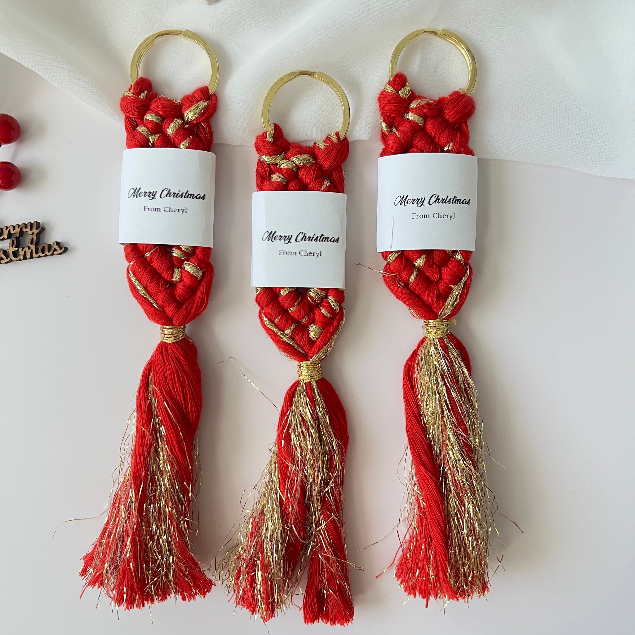 Personalized Christmas Red Macrame Keychain | Custom New Year Gifts